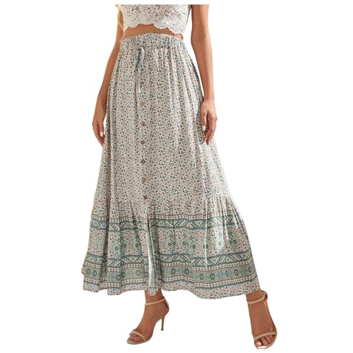 Generic Linen Maxi Skirt, Women's Summer Bohemian Long Skirt, Cotton Elastic Waist Band Maxi Skirt, Button Front Slit
