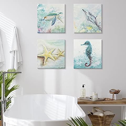 SEVEN WALL ARTS Sea Turtle Bathroom Wall Decor Canvas Prints Seahorse Dolphin Starfish Teal Watercolor Painting Beach Theme 4 Pieces Framed Artwork for Bedroom Living Room Home Office Decor Cover