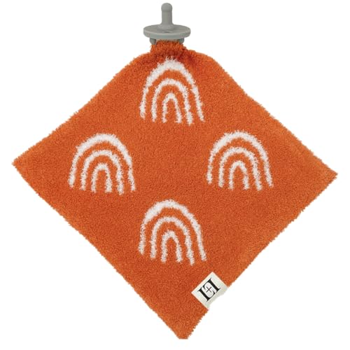 Image of L+L USA Rainbow Baby Lovey Pacifier /Teether Holder 10 inchx10 inch - DreamSoft Plush Fluffy Cuddly Soothie Reversible Mini Comfort Blanket - Cute Newborn Gift Essential Babies Boys Girls (Rust Orange /White)