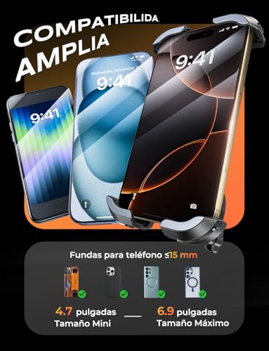 Glangeh Soporte Movil Bicicleta, [Abrazadera Reforzada] Soporte Movil Moto con Bloqueo Seguro, Universal Suporte Telemóvel Moto Giratorio 360° Compatible con iPhone 16 Pro/15/S25 Ultra, 4.7-6.9" Móvil - imagen 6