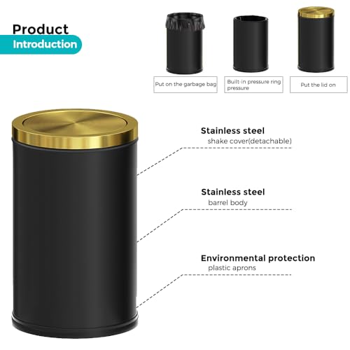Image of 4.7 Gallon /18L Stainless Steel Bathroom Trash Can,Black and Gold Garbage Bin with Swing Lid,Round,Elegant Waste Basket,for Toilet,Kitchen,Living Room,Hotel,Home (18L-Black)