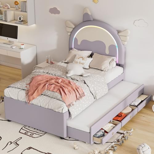 Sweiko Lit d'Enfant 90 cm x 200 cm, Cadre en Bois pour Adolescent, Lit Escamotable pour Deux Enfants, avec Tiroirs Violet