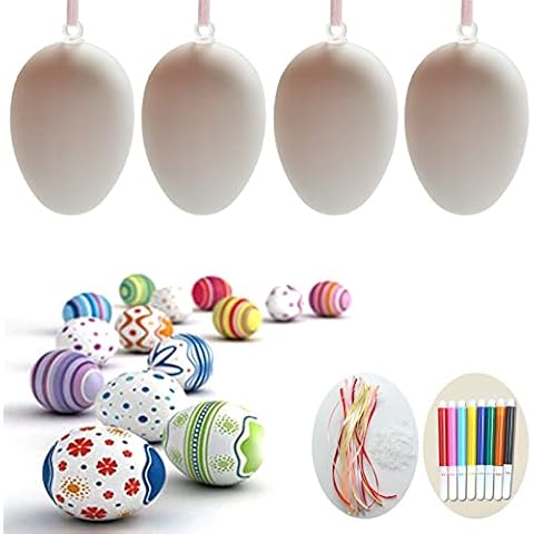 Easter Eggs 30 Pcs White Plastic Eggs Fake Eggs for Crafts Hanging Plastic Hunts Basket Fillers DIY Painting Decorating Easter Gift, Artificial Eggs with Rope 8 Color Markers Cover