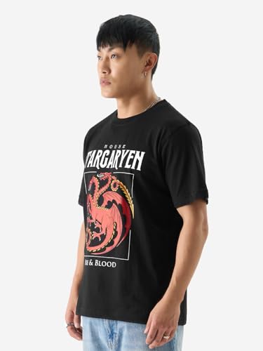 Image of The Souled Store Official House of The Dragon: Fire and Blood Men and Boys Black Graphic Print Short Sleeve Round Neck Relaxed Fit T-Shirts Men's Loose Fit T-Shirts Relaxed Comfort Roomy Tees Casual