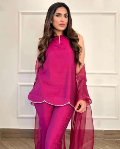 Image of Pearl Embroidered Solid Kurta Palazzo Set|Indo Western Party Outfit with Organza Net Dupatta|Sleeveless Kurti for Women