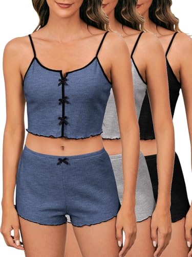 SOLY HUX Women's 3 Sets Pajamas Lounge Sets Cute Bow Front Crop Cami Tops and Shorts PJs Sleepwear2