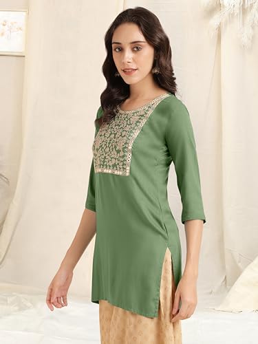 Image of MIRCHI FASHION Women's Straight Fit Rayon Sequins Embroidered and Polka Dots Printed Kurti Only