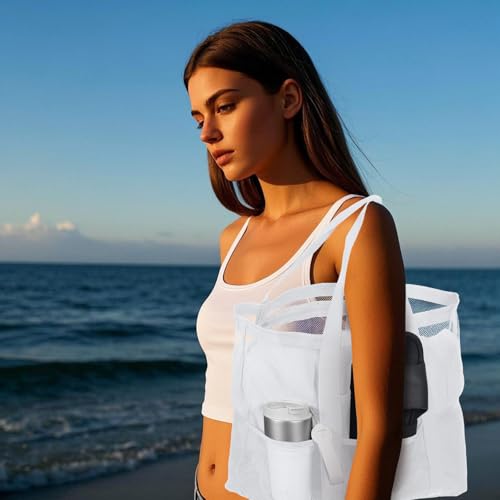 uxcell Mesh Beach Tote Bag, 1Pcs 25" x 15" x 8" Upgraded Beach Towel Bags, Waterproof Pool Bag for Beach Vacation and Travel Daily (White)4
