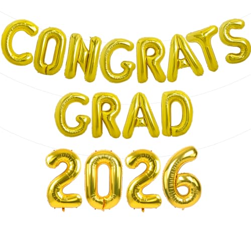 Image of TONIFUL Graduation Balloons 16 Inch Gold Congrats Grad Balloons 16 Inch Gold 2026 Number Foil Balloons for 2026 Graduation Party Graduate Congratulations 2026 Congrats Grad Decorations