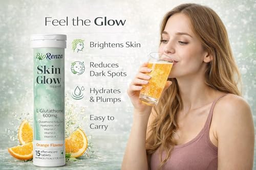 Image of Skin Glow L-Glutathione 600mg Effervescent Tablets | With Hyaluronic Acid, Vitamin C, E & A | Skin Brightening & Antioxidant Support | Orange Flavour | 15 Tablets (Pack of 4)