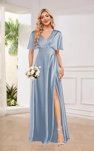 Short Sleeve Bridesmaid Dresses for Women Long Pleated Satin Formal Dress Evening Gown with Slit3