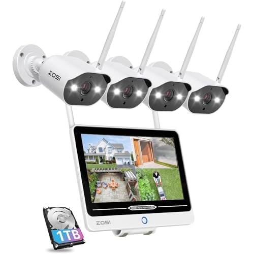 ZOSI 8CH 2K Wi-Fi 6 Security Camera System with 12'' LCD Monitor,4pcs 3MP Plug-in WiFi Cameras Indoor Outdoor,AI Person Detection,Color Night Vision,2 Way Audio,1TB HDD for Home 24/7 Recordi