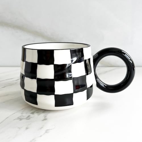 Taza de cerámica para café 12 oz con asa y diseño ajedrezado miniatura 1