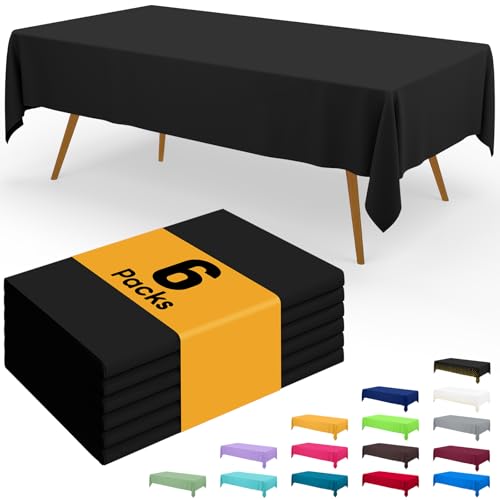Image of Smiry Disposable Table Cloth - 6 Pack, 54 x 108 Inch Waterproof Rectangle Tablecloths for Parties, Decorative Plastic Table Cover, Leakproof & Sturdy, Black
