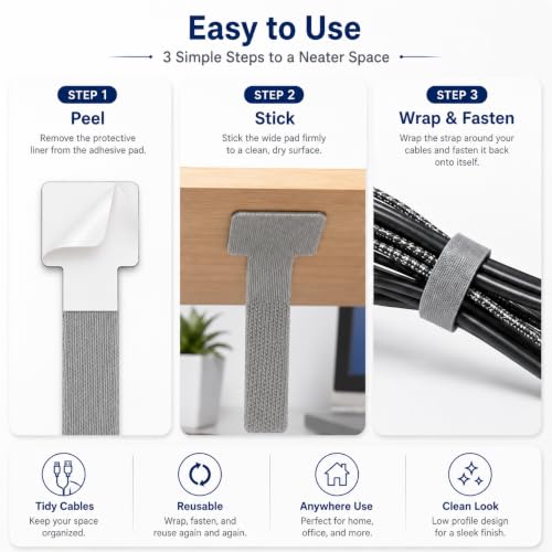 30PCS Cable Organizer, Reusable Self Adhesive Cable Management Straps with Hook and Loop, Under Desk Wire Ties for Computer TV Home Office Car Cord Organization miniatura 4