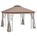 Outsunny 10' x 11.5' Metal Patio Gazebo, Double Roof Outdoor Gazebo Canopy Shelter with Tree Motifs Corner Frame and Netting, for Garden, Lawn, Backyard, and Deck, Brown