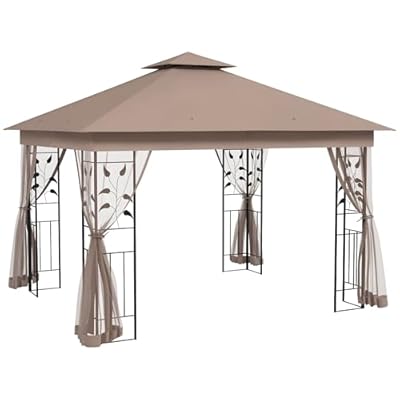 Outsunny 10' x 11.5' Metal Patio Gazebo, Double Roof Outdoor Gazebo Canopy Shelter with Tree Motifs Corner Frame and Netting, for Garden, Lawn, Backyard, and Deck, Brown