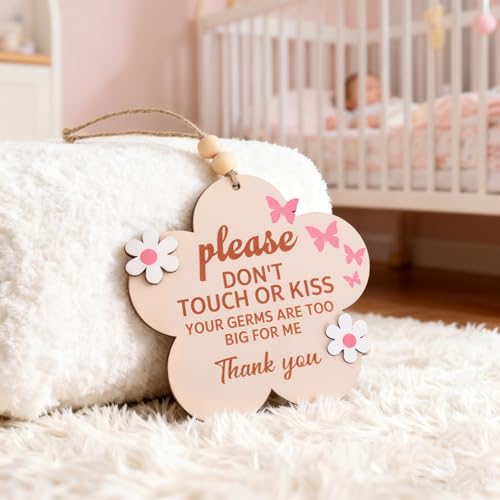 Please Do Not Touch or Kiss Baby Sign, Wooden Don’t Touch Baby Sign for Car Seat Stroller Tag No Touching Signage for Newborn(Butterfly & Flower) - Image 2