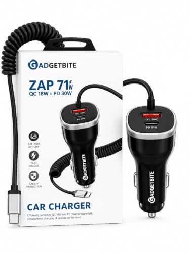 Image of GadgetBite ZAP 71W Fast Car Charger DC 12-24V with USB-A 3.0 & Type-C Fast Charging, Multi-Port High Power Car Adapter for Android & iOS Devices, Universal Compatibility for Phones & Tablets (Black)