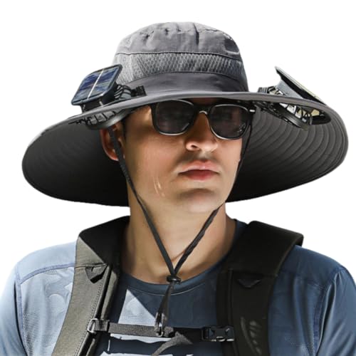 Generic Outdoor Wide Brim Sun Hat with Solar Fan-Fishing Hat with 2 Solar Powered Fan, Solar Powered Fan Hat for Outdoor (US, Alpha, Large, A-Dark Grey)