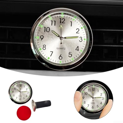 Reloj de coche para salpicadero y rejilla de ventilación, mini reloj digital luminoso con cuerpo de metal galvanizado, diseño compacto de 40 mm para automóvil, barco, bicicleta, (plateado)