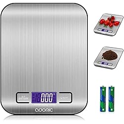 Bascula Electronica ADORIC Báscula Digital para Cocina de Acero Inoxidable, Balanza de Alimentos Multifuncional, Peso de Cocina, Color Plata (Baterías Incluidas) (Plateado)