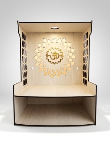 Image of Beautiful White Wooden Pooja Stand for Home, Temple, Office, Wall Mounted Puja Mandir with LED Spot Light Size (L- 29 CM, W- 25 CM, H - 37.5 CM)