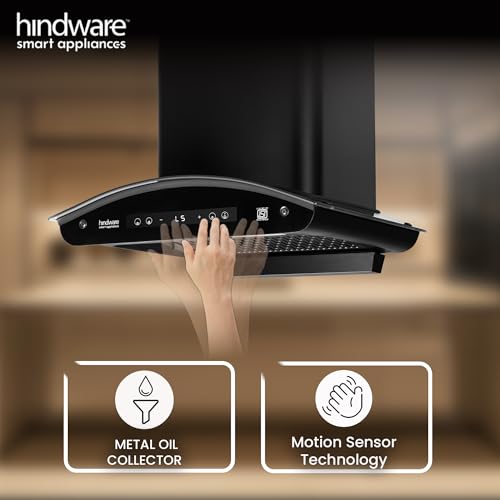 Image of Hindware Smart Appliances | Alexio Plus BLDC 60 cm Chimney | 1450 CMH | Curved Glass | Filterless | Auto Clean | Touch Control, Motion Sensor | 12 Yrs Warranty on Motor & 3 Yrs on Product (Black)
