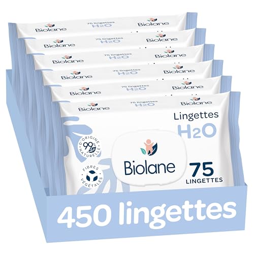 BIOLANE - Lingettes bébé à l'eau - 450 Lingettes - Lot de 6x75 - Nettoyage doux et efficace - Sans Rinçage - Dès la naissance