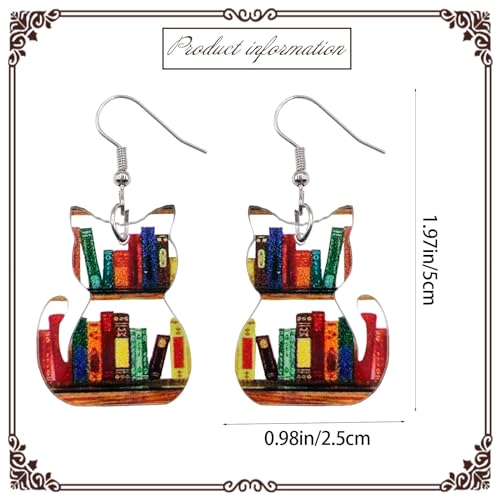 Bookcase Dangle Earrings for Women Teardrop Dangle Earrings with Book Shelves Patterned Acrylic Gifts for Women Girls (cat)2