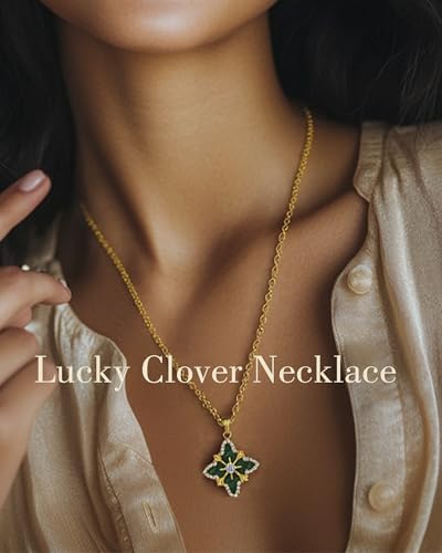 Women Four Leaf Clover Gold Necklace, 14k Gold Plated Lucky Pendant Necklace. Long Gold Necklace, Adjustable Chain 18-20 Inches. Exquisite Clover Jewelry, Vintage Jewelry for Women3