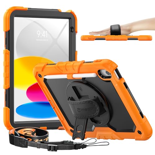timecity for iPad (A16) 11th/ 10th Generation Case 11''/ 10.9 Inch (2025/2022) - Heavy Duty Protective Cover with Screen Protector, Stand, Shoulder Strap & Pencil Holder | Kids-Friendly - Orange
