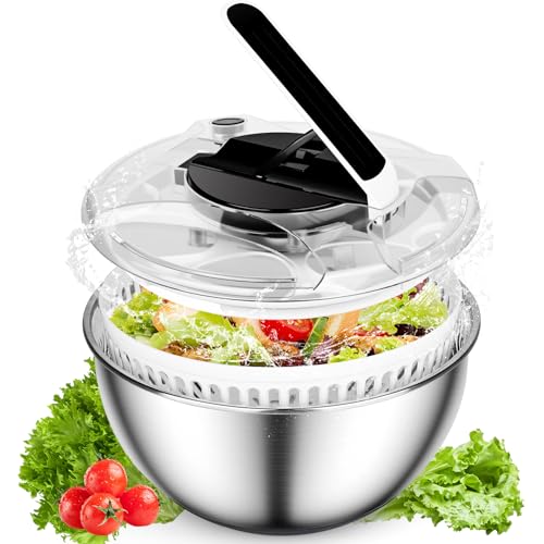 Centrifugador de Ensalada de Acero Inoxidable 4,5L Escurridor Ensalada Escurridor Lechuga Grande Centrifugadora De Verduras con Base de Silicona Antideslizante para Lavar Frutas, Centrifugar Pastas