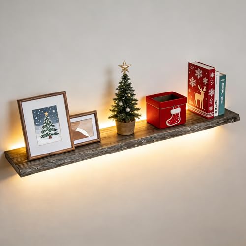 Image of Fun Memories Floating Shelves for Wall, 48 inchx9.3 inch Rustic Solid Live-Edge Elm Wood Wall Shelves, Heavy-Duty Floating Shelves with Invisible Brackets for Living Room, Bedroom, and Kitchen, Grey Finish