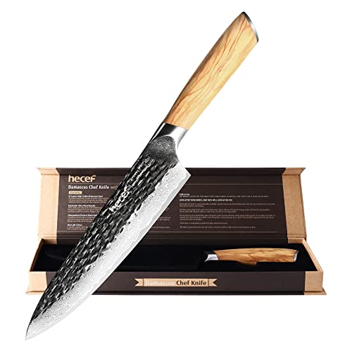 hecef 8 Inch Chef Knife Damascus Professional Japanese Knife, High Carbon Damascus Stainless Steel Kitchen Knife with Ergonomic Olive Wood Handle, Sharp Cooking Knife with Gift Box