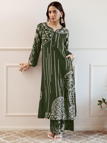 Image of INDO ERA Women's Green Viscose Rayon Printed Straight Kurta & Pant Set (IEOUT6940)