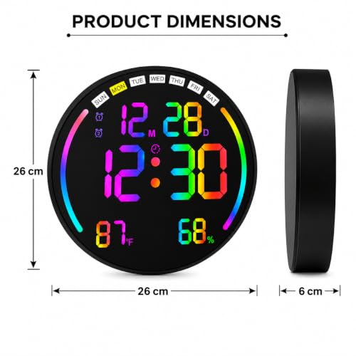 Image of AERYS 10 inch RGB Digital Alarm Wall Clock Table Clock with Remote, Auto Dimmer,Temperature, Humidity, Dual Alarms, for Living Room, Gym, Garage, Gift, Home Decor(RGB Round Wall Clock) (1 Year Warranty)