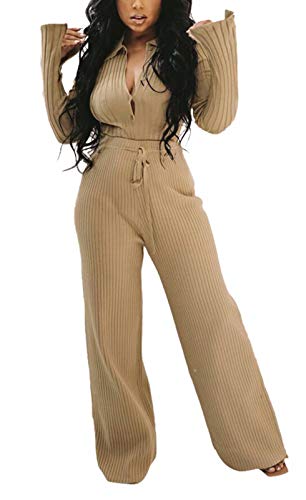Aro Lora Womens Sexy 2 Piece Jumpsuit Outfits Ribbed Button Down Crop Top Wide Leg Pant Set X-Large Khaki