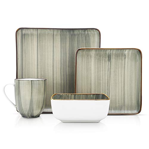 Stone Lain Esmeralda Porcelain Dinnerware Set, Service For 8, 32 Pieces Square Green Brushed Design #TOP1