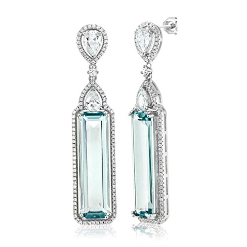 Gem Stone King 925 Sterling Silver Simulated Aquamarine Art Deco Dangle Earrings For Women (12.00 Cttw 2 Inch)