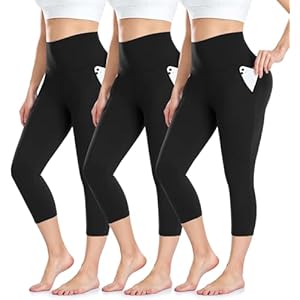 BLONGW 3 Pack Capri 3/4 Length Leggings for Women,High Waisted Cropped Leggings Soft Sport Trousers with Pockets for Workout Gym Yoga Fitness Running