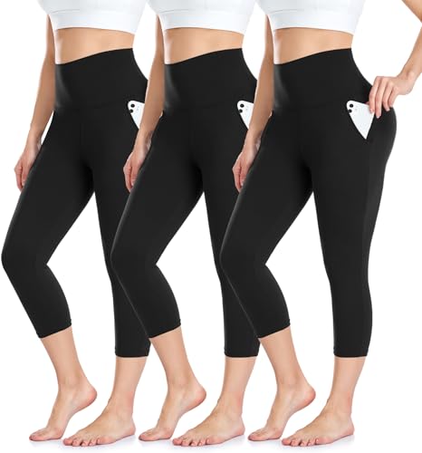 BLONGW 3 Pack Capri 3/4 Length Leggings for Women,High Waisted Cropped Leggings Soft Sport Trousers with Pockets for Workout Gym Yoga Fitness Running