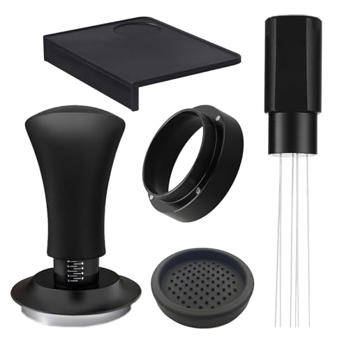 Espresso Accessories 51mm Spring Loaded Tamper Kit, 5-Piece Set with Needle Distributor WDT Tool, Dosing Funnel & Tamping Mat for 51mm Portafilter Espresso Machines (51mm)
