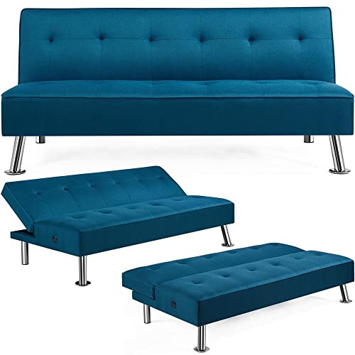 Yaheetech Modern Convertible Futon Sofa Bed w/ 2 Integrated USB Charging Ports Fabric Loveseat Couch Metal Legs, 3 Angles Adjustable Back for Compact Living, Apartment, Dorm, Bonus Room Blue