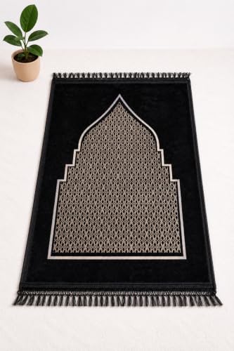 Image of Janamaz Prayer Mat Turkey Soft Velvet | Namaz Mat, Janimaz Namaz Aasan, Islamic Prayer Rug for Salah | 70x110 CM (Printed Black)