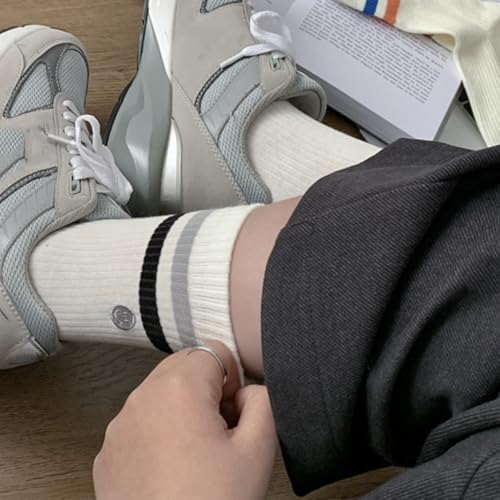 Image of Womens Solid Color Two Stripe Crew Socks Casual Athletic Smiling Face Ankle Socks for women Girls