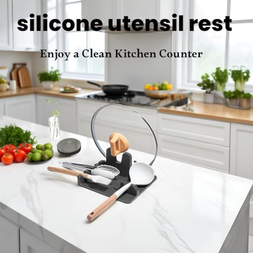 Image of Auoon Silicone Spoon Rest with Lid Holder - 3 in 1 Kitchen Utensil Rest for Soup Ladles, Pot Lids, Spatulas, Spoons, Tongs, BPA Free & Dishwasher Safe, 8.26 x 8.06 Inch (Gray, Large)