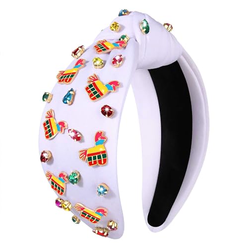 mokkia Mexican Headbands Cinco De Mayo Headband for Women Colorful Pinata Knotted Headband White Pink Rhinestone Crystal Jeweled Wide Top Knot Hairband Mexican Hair Accessories Gifts (White Pinata A)