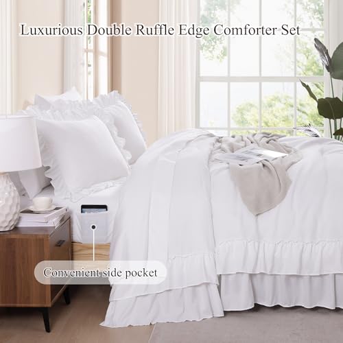 Image of Full Size Comforter Set White Ruffle 7 Pieces Farmhouse Bed in a Bag | Shabby Chic Fluffy All Season Bedding Sets with Sheets, Pillowcases & Shams