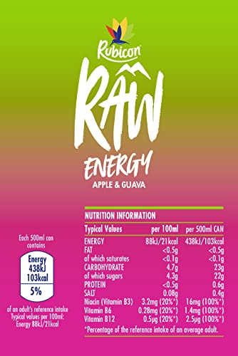 Rubicon RAW 12 Pack Apple & Guava 500ml Energy Drink, 20% Real Fruit Juice, High caffeine with B-Vitamins, Ginseng & Guarana, No Artificial Colours or Flavours, Reduce Tiredness & Boost Energy